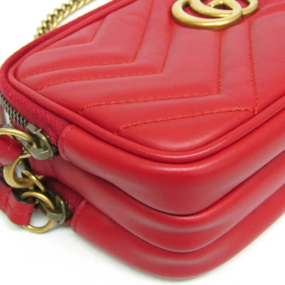 GUCCI Authentic Red Leather GG Marmont Shoulder Bag